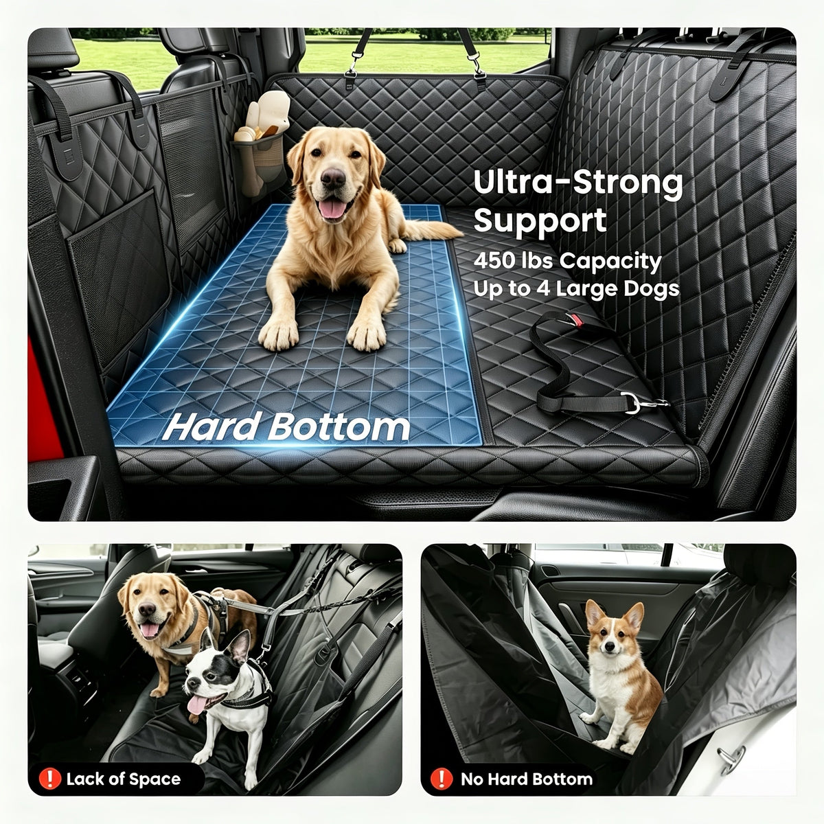 Dog Car Seat Cover with Hard Bottom Back Seat Extender, Holds 400 lbs – Dog Hammock Car Bed with Mesh Window & Storage Pockets for Cars, SUVs, Trucks, and All Breeds