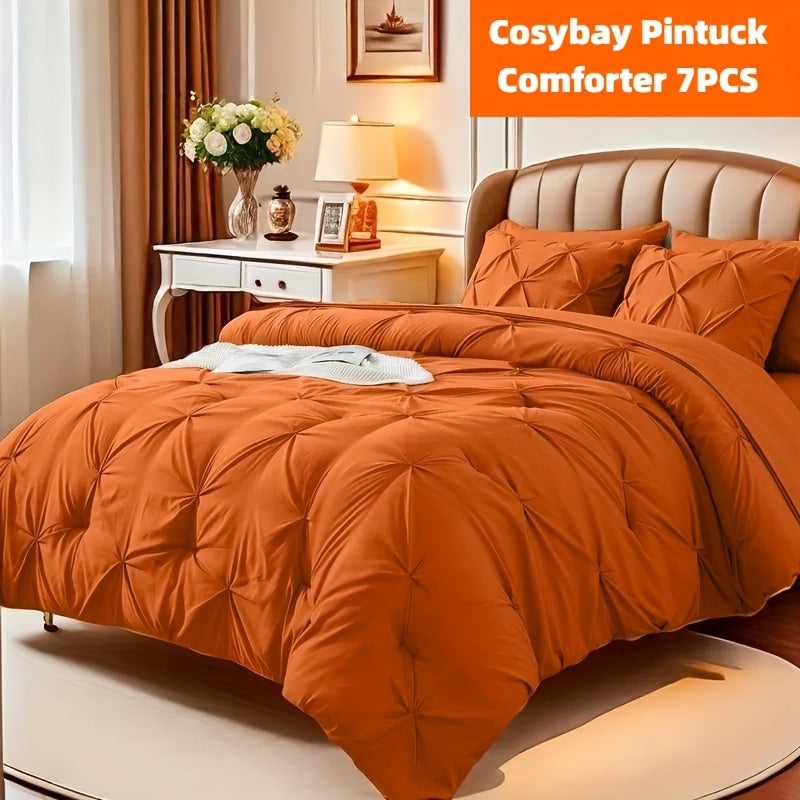 7-Piece Queen/King/Full Comforter Set – Soft Microfiber Pintuck Pleated Bed-in-a-Bag Complete Bedding Set with Comforter, Fitted Sheet, Flat Sheet & Pillowcases, All-Season Home & Dorm Bedding