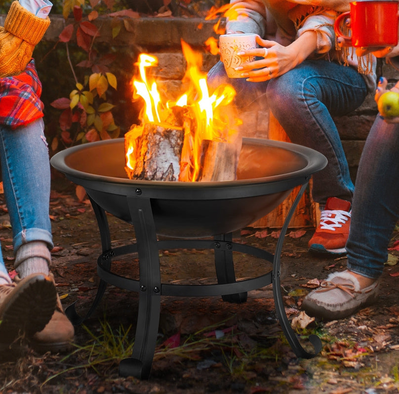 Outdoor Round Steel Fire Pit with Mesh Screen Cover, Fire Poker & Log Grate, Heat-Resistant, Portable, for Patio Yard Porch Camping Bonfire BBQ, Black