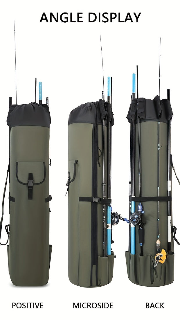 Large Capacity Folding Durable Fishing Rod Bag, Multifunctional Gear Carrier Case with Two Lead Weights, Fits Multiple Rods, Tackle Organizer for Freshwater and Saltwater Fishing