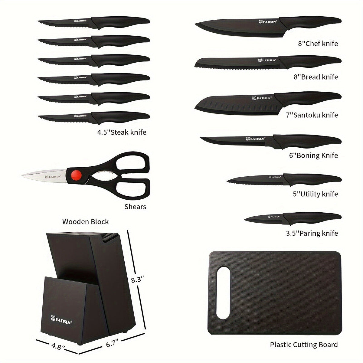 15-Piece Professional Black-Coded Kitchen Knife Set - Black Wooden Block, Non-Slip ABS Handles, Plastic Cutting Board & Kitchen Shears - Home & Restaurant Use - Thanksgiving, Christmas & New Year Gift