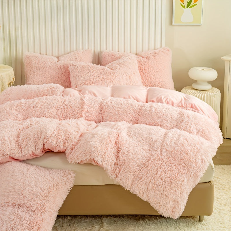 Plush Duvet Cover Set 3 Piece, Long Hair Knitted Polyester, Solid Color Fuzzy Comforter Cover with Zipper Closure, All-Season Soft Cozy Bedding Set for Bedroom, Multiple Colors Available