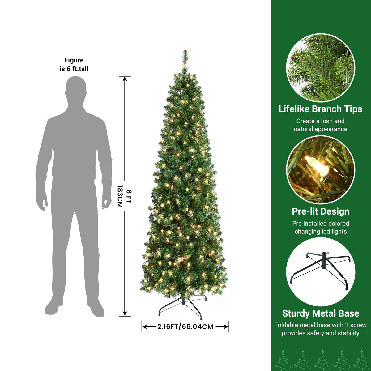 Pre-Lit Slim Pencil Christmas Tree – Artificial Hinged Xmas Tree with Warm White Lights Full Branch Tips Stable Metal Stand Easy Assembly in 4FT to 9FT + Bonus Tinsel Garland