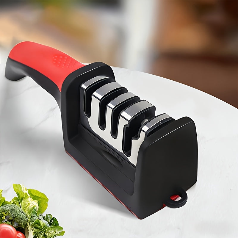 4-Stage Professional Knife Sharpener - Tungsten, Diamond & Ceramic Whetstone Stages, Non-Slip Grip, Fast & Precise Sharpening - Kitchen & Chef Knives - Red & Black