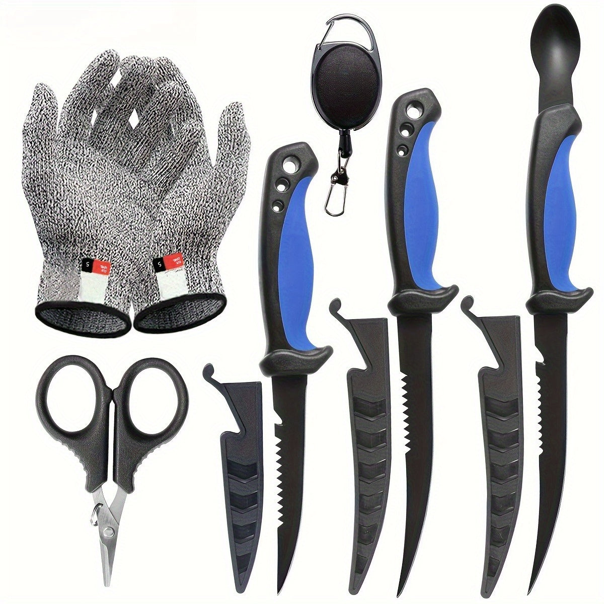 3-Piece Fishing Knife Set with Stainless Steel Blades, Fish Fillet, Boning, and Gutting Knives with Cut-Resistant Gloves, Fishing Line Cutter & Cord – Unique Fishing Gift for Anglers & Campers