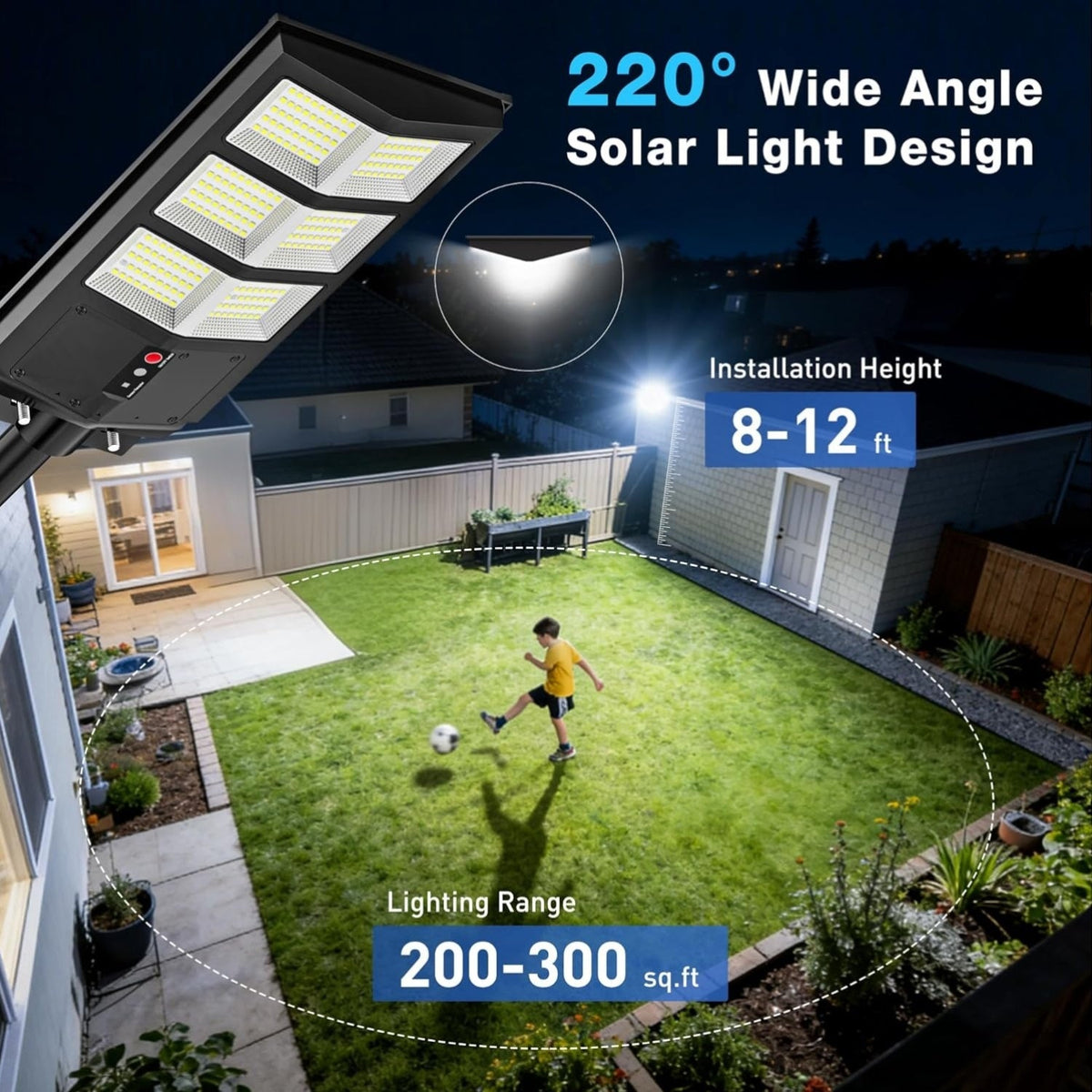 Outdoor Solar Street Light with Motion Sensor & Remote - IP54, Dusk-to-Dawn, 3 Modes, 270° Wide-Angle, 270/360/800 LED for Parking Lot, Courtyard, Garden & Garage - Matte Black