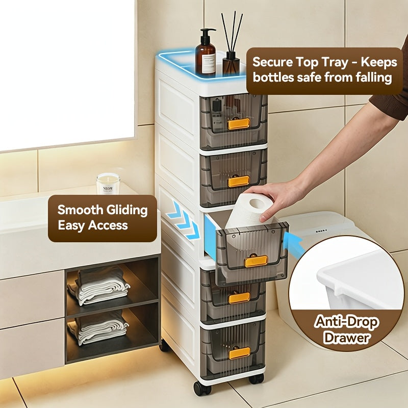 Slim Rolling Storage Cabinet with Drawers and Wheels, Waterproof PP Organizer, 3/4/5/6 Tier for Bathroom, Kitchen, Bedroom, and Small Spaces – Narrow Drawer Unit