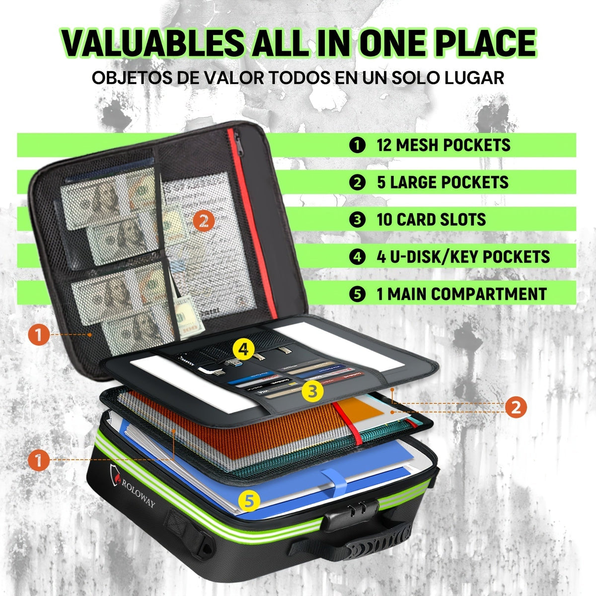 Fireproof Document Bag with Combination Lock & Reflective Strip – 17x11.8x5 Inch Multi-Layer File Organizer for Passports, Cash, Cards, Certificates, A4 & Legal Size Documents – Ideal for Home, Office, and Travel Safety
