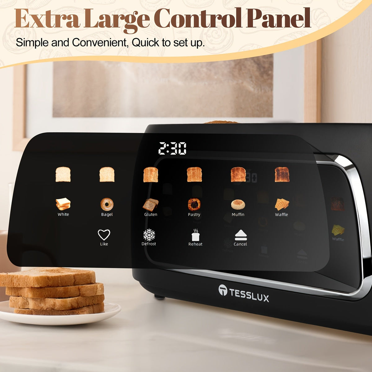 TESSLUX 4-Slice Toaster - Touchscreen Control, 1.5" Wide Long Slots, 6 Browning Levels, 6 Bread Types, Digital Timer, Memory, Defrost & Reheat - White, Black & Silver