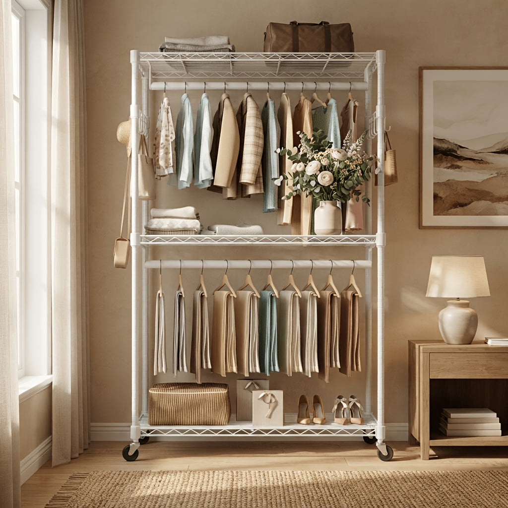 Heavy Duty Rolling Clothes Rack Adjustable Double Rods – Metal Freestanding Closet Organizer with Wheels & Side Hooks for Hanging Clothes