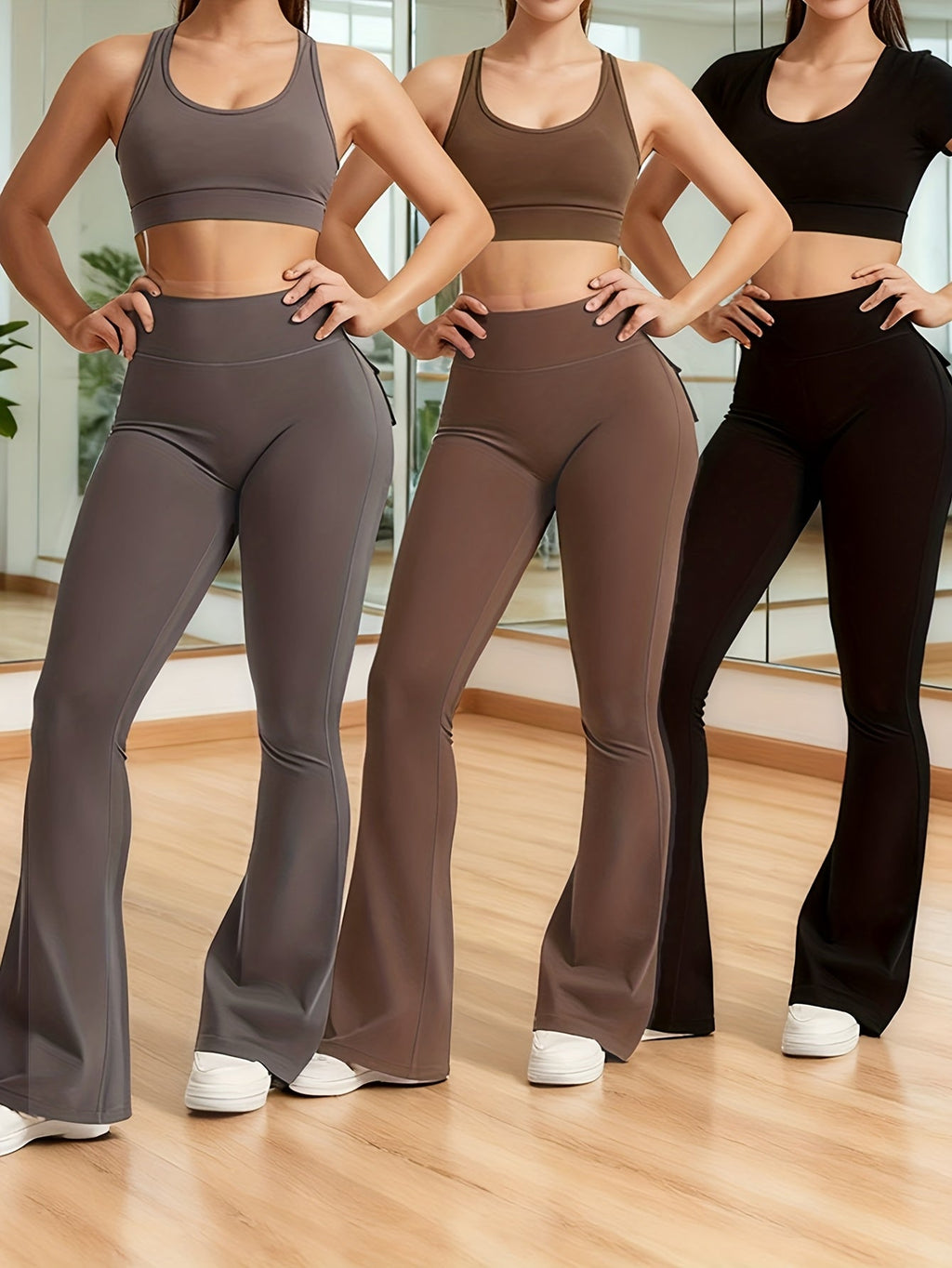Women's High-Waisted Flare Pants 3-Pack – Butt-Lifting Tummy-Control Quick-Dry Cargo-Style Leggings, Tracksuit Casual Sports Full-Length Trousers (Black, Gray, Green)