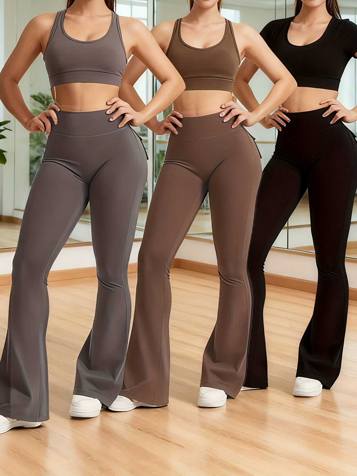 Women's High-Waisted Flare Pants 3-Pack – Butt-Lifting Tummy-Control Quick-Dry Cargo-Style Leggings, Tracksuit Casual Sports Full-Length Trousers (Black, Gray, Green)