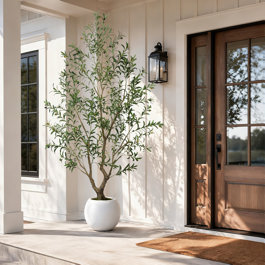Artificial Olive Tree 5-8FT Tall Potted Faux Olive Floor Plant with Lifelike Leaves & Black Fruits, Decorative Fake Indoor Tree with White or Black Round Planter for Living Room Office Home Decor