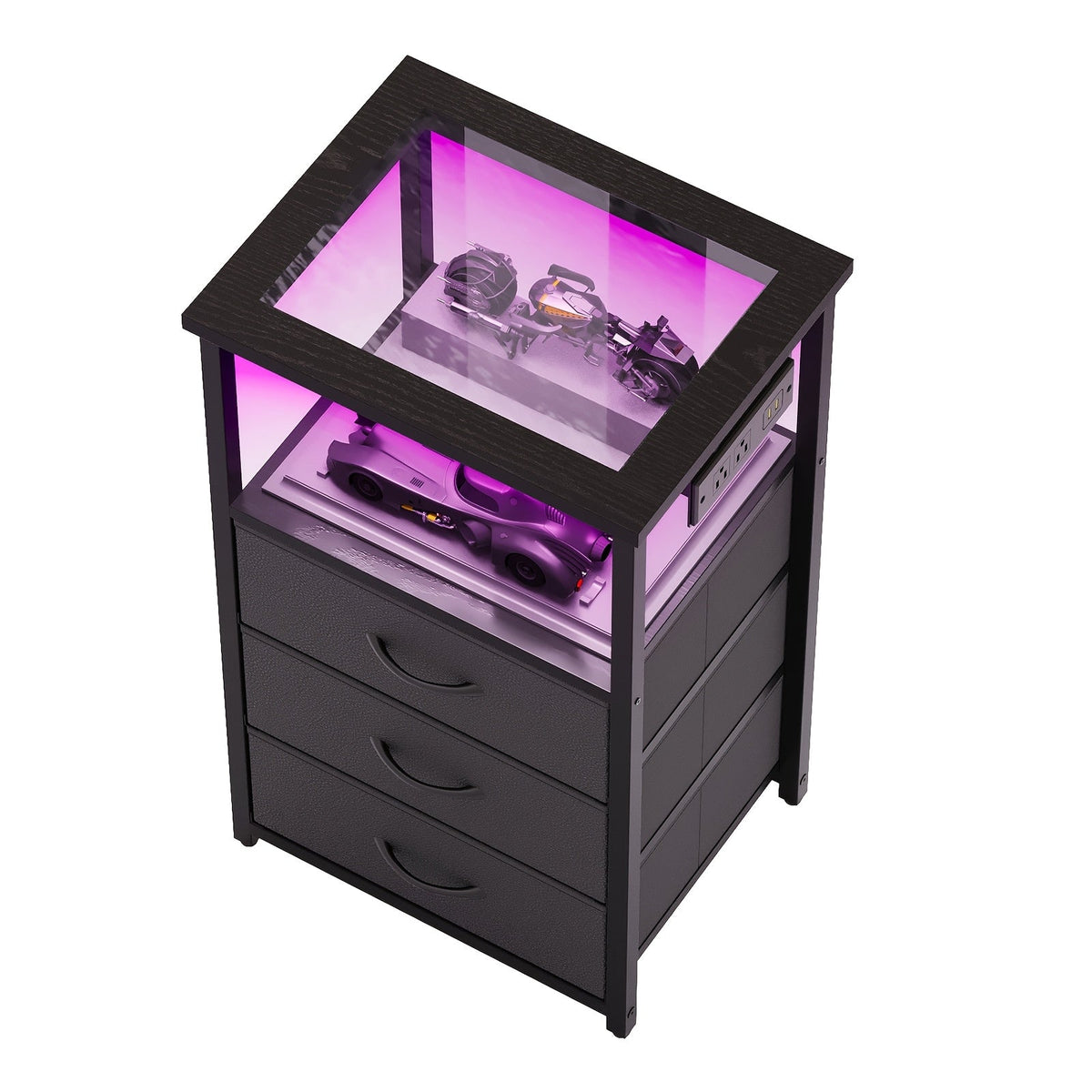 TOMNK Nightstand with Glass Tabletop LED Light & Charging Station 2 or 3 Fabric Drawers PU Finish Display Stand for Bedroom & Living Room – Black White Brown