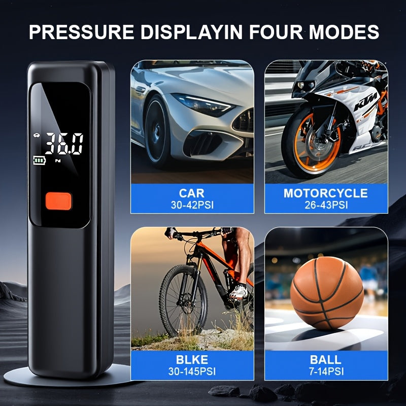 Wireless Portable Tire Inflator Air Compressor with Digital LED Display, Automatic Tire Pressure Detection, USB-C Rechargeable for Car, Bicycle, Motorcycle Tires, and Basketball Inflating