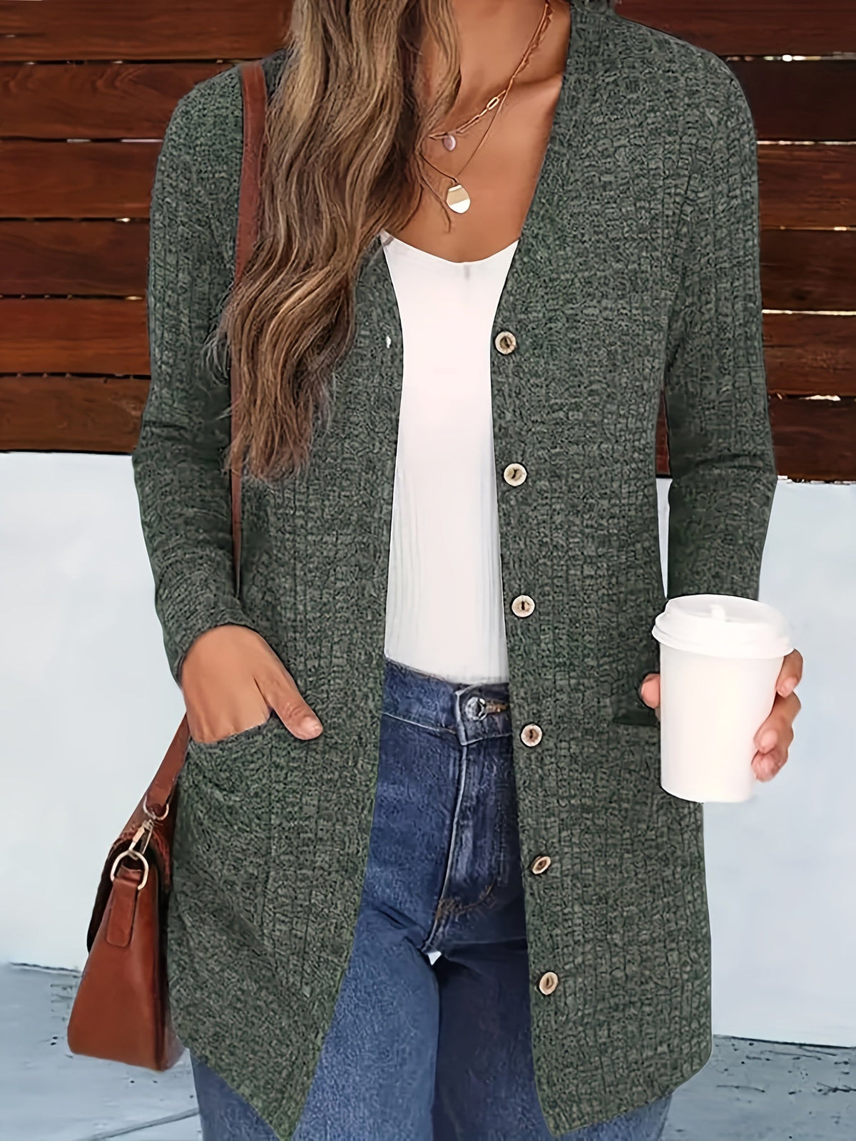 Women's V-Neck Button-Down Knit Cardigan with Pockets, Solid Color Fall Winter Sweater Coat S-XXL