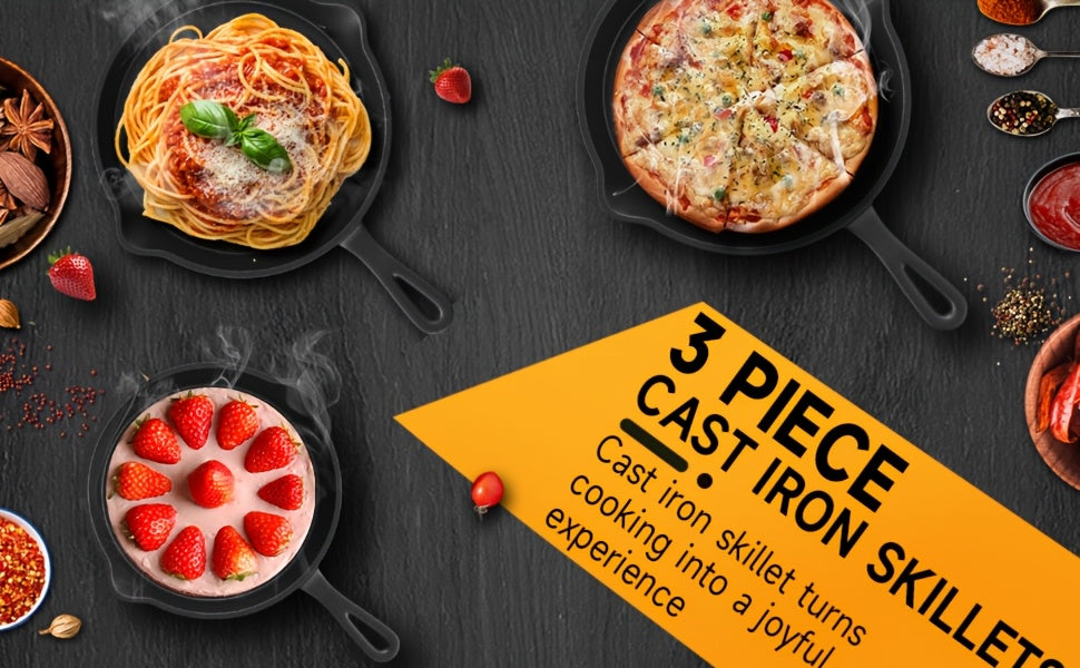 3-Piece Cast Iron Skillet Set with Pour Spouts – Pre-Seasoned Non-Stick Heavy-Duty Cookware for Holiday Cooking, RV Camping, Campfire Meals, Oven & Stovetop Safe Kitchen Gift