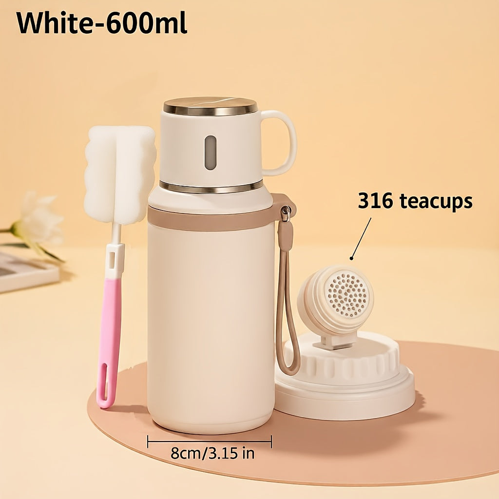 600ml (20oz) Stainless Steel Tumbler, Double-Wall Vacuum Insulated, Leak-Proof Lid with Handle, Cleaning Brush Included, for Hot/Cold Drinks, Travel, Office, Gym, Outdoor Water Bottle