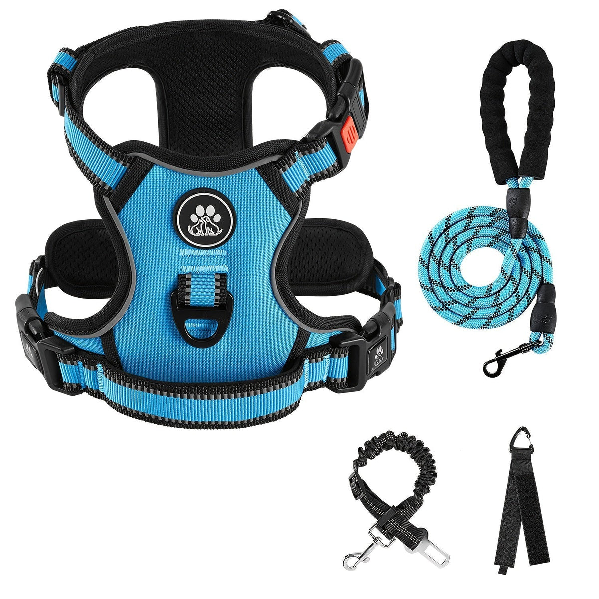 No-Pull Dog Harness Set with Retractable Leash, Seatbelt, and Collar – Fully Reflective, Adjustable, Breathable Vest Harness with Handle for Small & Large Dogs (XS–XL)