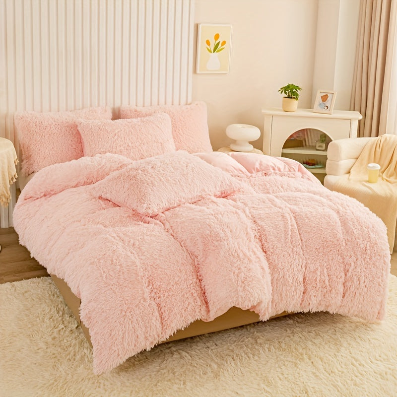 Plush Duvet Cover Set 3 Piece, Long Hair Knitted Polyester, Solid Color Fuzzy Comforter Cover with Zipper Closure, All-Season Soft Cozy Bedding Set for Bedroom, Multiple Colors Available