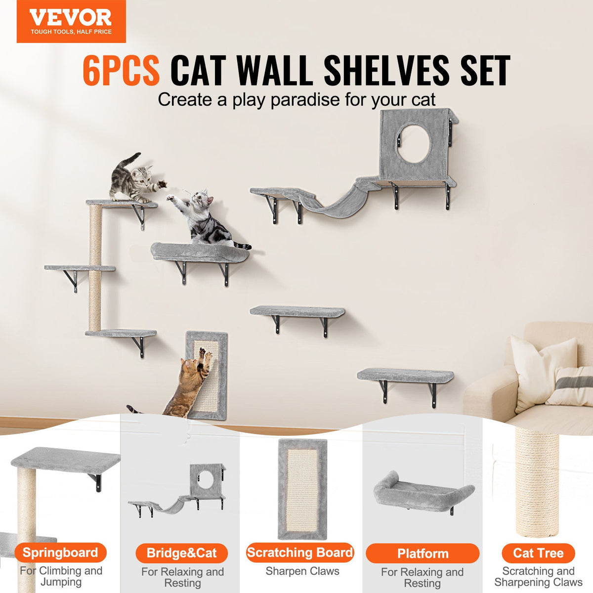 Wall Mounted Cat Shelves Set of 6, Cat Wall Furniture with 2 Jump Boards, Hammock, Sofa, Cat Tree & Grip, 40 lbs Capacity, Non-Toxic Pine, Plush Pad, Easy Install, Space-Saving Cat Playground