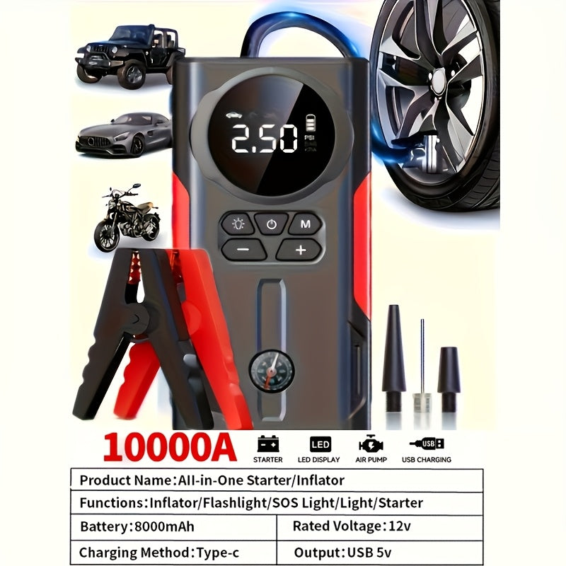 Portable Car Jump Starter Kit Multi-Function 12V Battery Booster with LED Flashlight, SOS Rescue Light, and Air Pump for Cars, Trucks, and Emergency Power Accessories