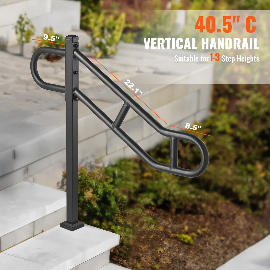 Outdoor Stair Handrail 40.5", 1-3 Steps, Carbon Steel, 250 lbs Load, Sandblasted Anti-Slip Grip, Metal Expansion Tube Wall Mount, Rust-Resistant, for Stairs Garage Garden Hallway