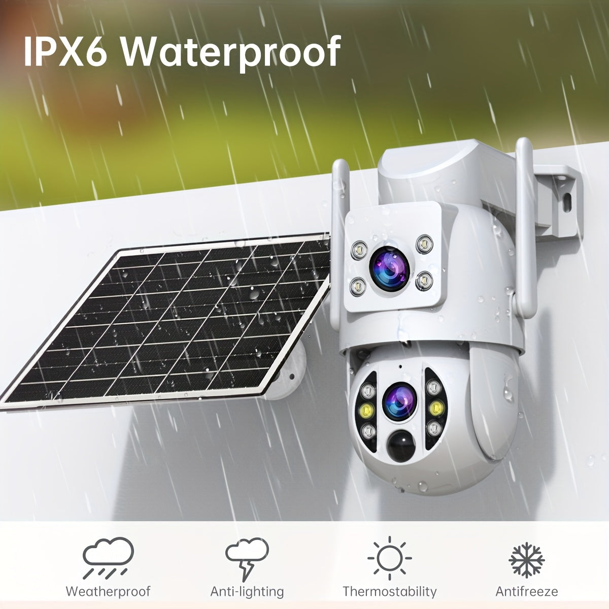 Solar Security Camera Outdoor 360° PTZ 1296P HD Dual Lens Color Night Vision Two-Way Audio Motion Detection WiFi SD Storage Rechargeable Battery Wall Mount