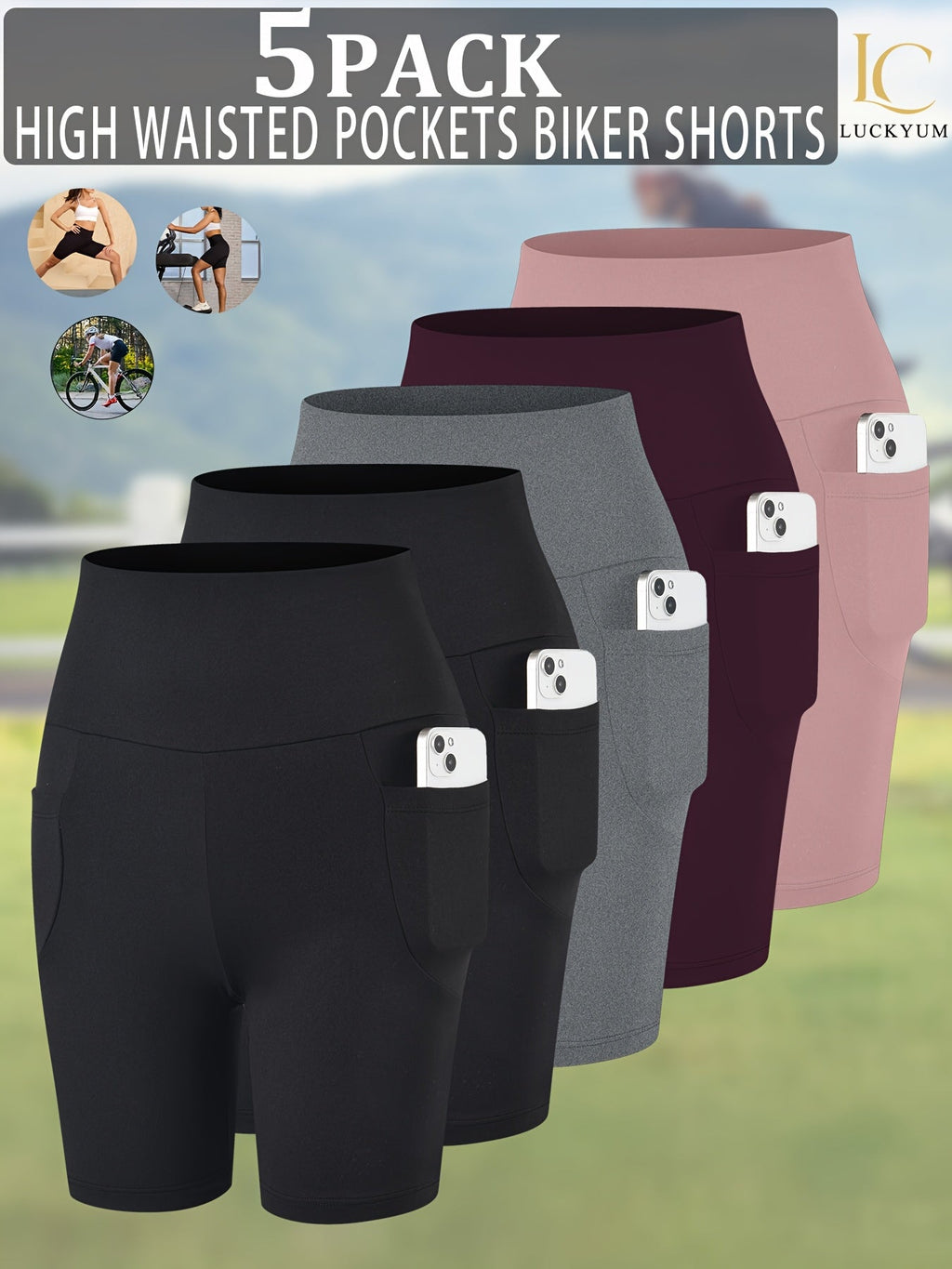 Women's High Waisted Biker Shorts 5-Pack with Pockets | Tummy Control, Non-See-Through | 6" Inseam Workout, Running, Yoga Athletic Shorts | Soft & Stretchy | XS-XXL | Mixed Colors