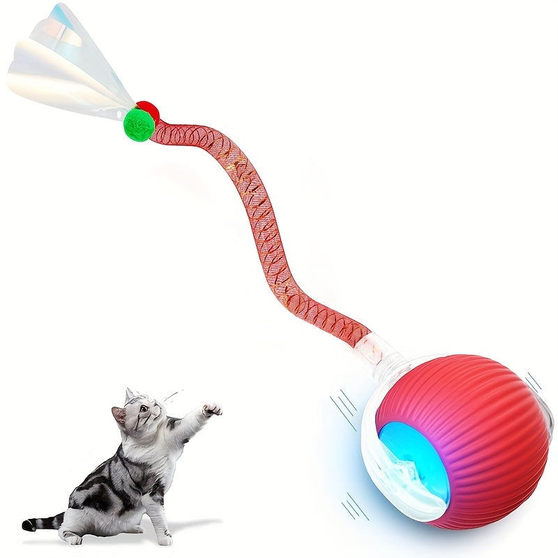 Interactive Cat Ball Toy with Elastic Net Tail, Automatic Moving Electric Ball Toy for Cats - Motion Activated, Obstacle Avoidance, Works on Floors, Tiles, and Carpets, USB Rechargeable Smart Cat Toy