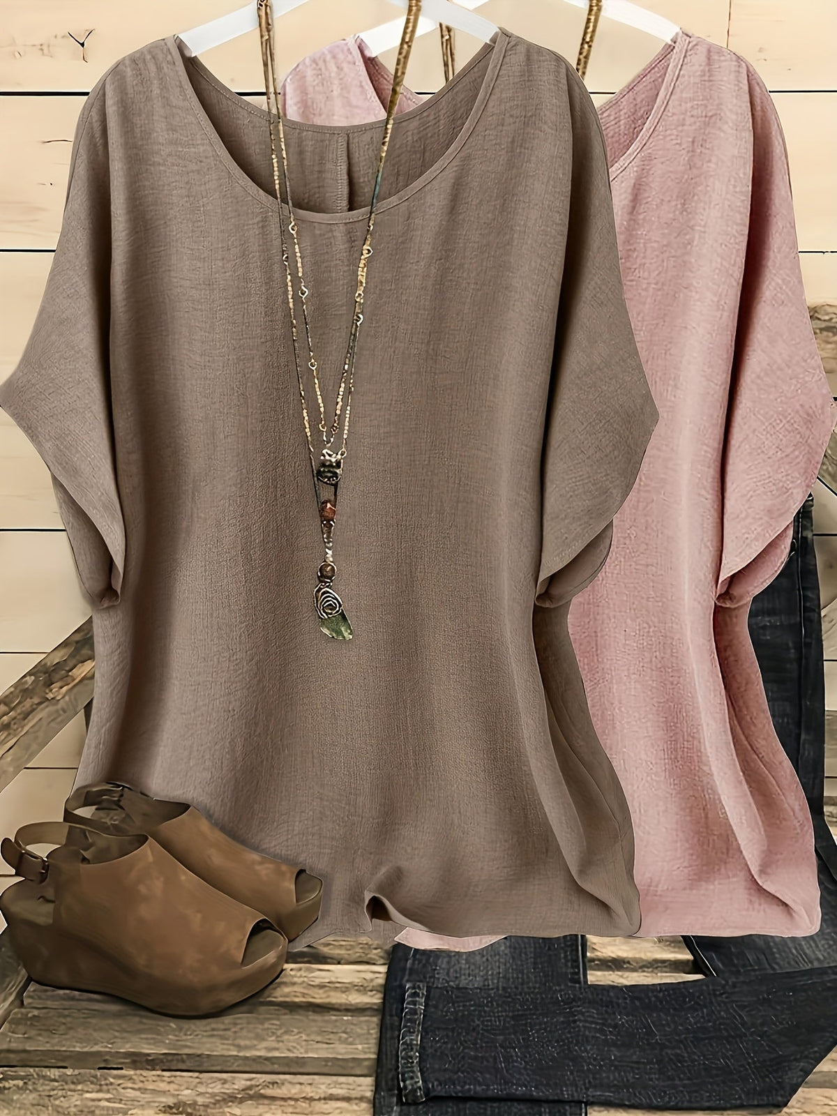 Women's Batwing Sleeve Shirt 2-Piece Set, Casual Vacation Round Neck Solid Color Loose Top, S-XXL, Multiple Colors | US Warehouse Fast Shipping