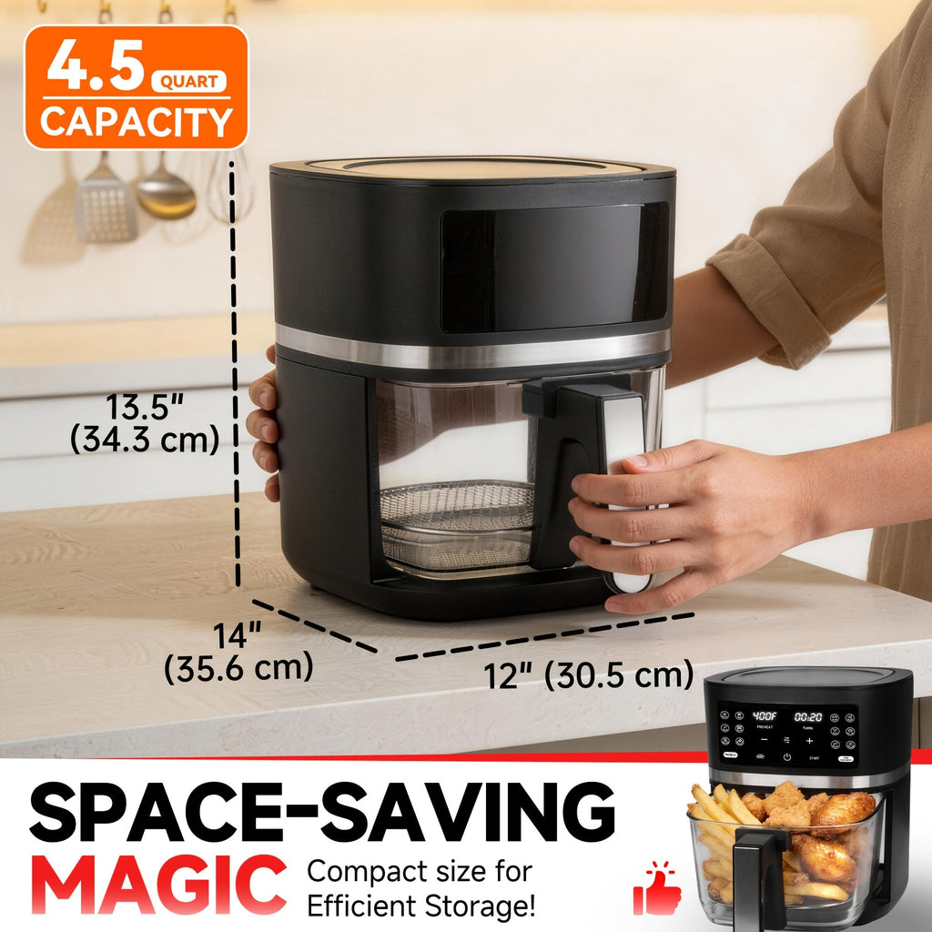 Glass Air Fryer 4.5 Quart 12-in-1, Non-Toxic Borosilicate Glass Basket, Dishwasher-Safe, PFOA/PFAS Free, Programmable Time & Temp, Healthy Cooking Air Fryer for Family, Graphite