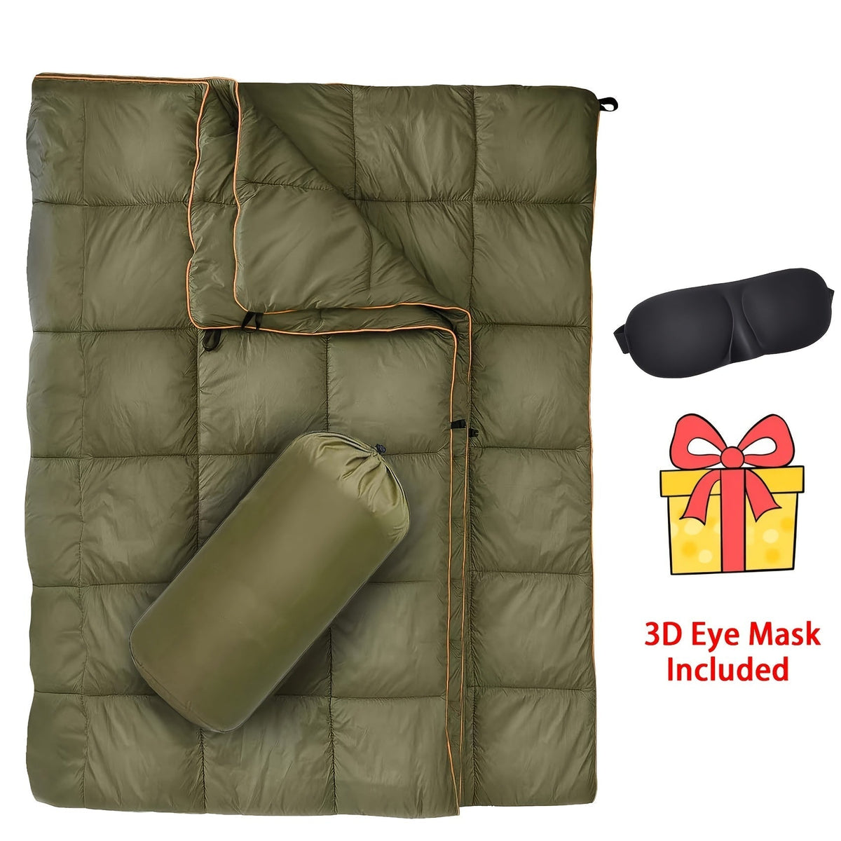 Outdoor Camping Puffy Blanket, Foldable, Lightweight, Warm, DWR Water-Resistant, with 3D Eye Mask, 140x200cm, for Camping, Travel, Car, Beach, Stadium, Hammock, Sofa, Festival