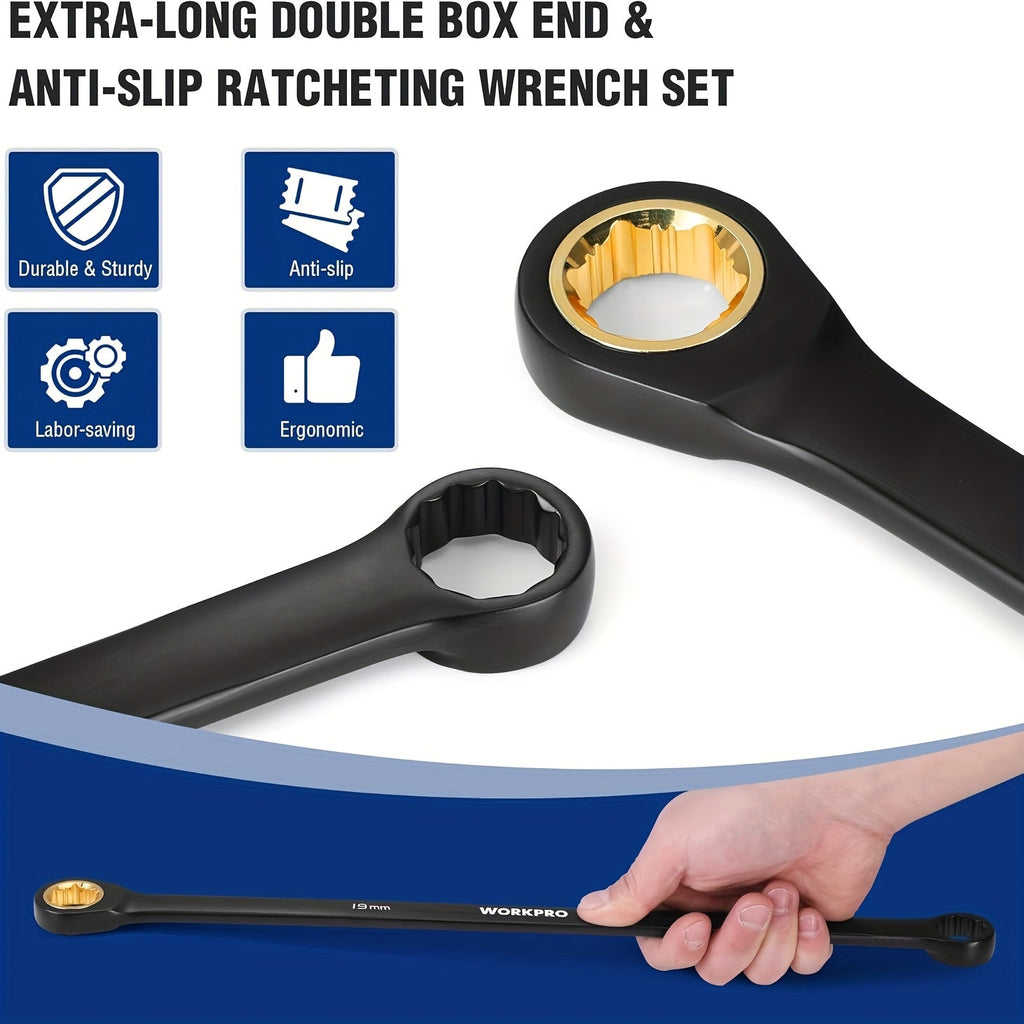 WORKPRO 10pc Extra Long Ratcheting Wrench Set – Anti-Slip Double Box Wrenches Metric 8-19mm, 72-Tooth Cr-V Steel, Black Electrophoretic Coating, Rolling Pouch Included, Professional Hand Tool Kit