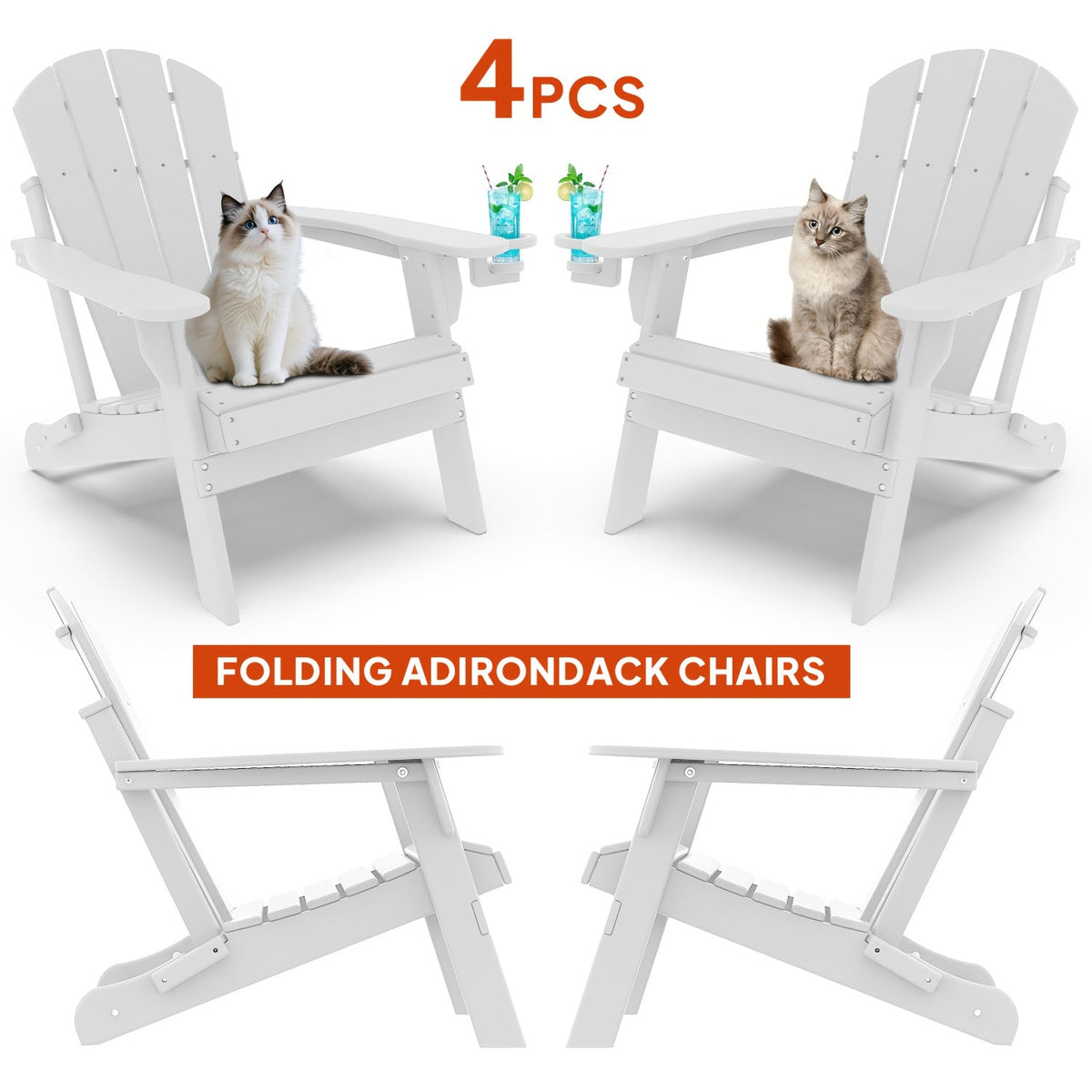 Folding Adirondack Chair with Cup Holder Portable Recliner Stainless Steel Frame Durable Plastic Easy Clean for Patio Poolside Garden Camping Set of 1 2 4 6