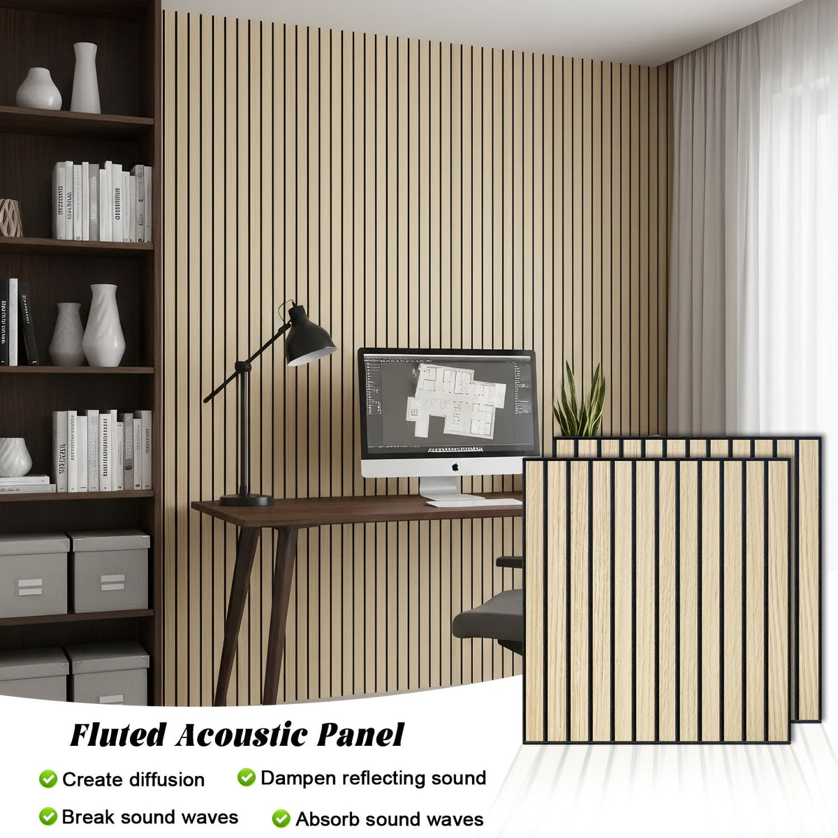 Polyester Fiber Acoustic Panels 4 Pack 23.6x23.6 Inch 3D Grooved PVC Film Fireproof Sound Absorbing Wall Panels for Bedroom Living Room Recording Studio Cinema Conference Room Wood Oak Walnut