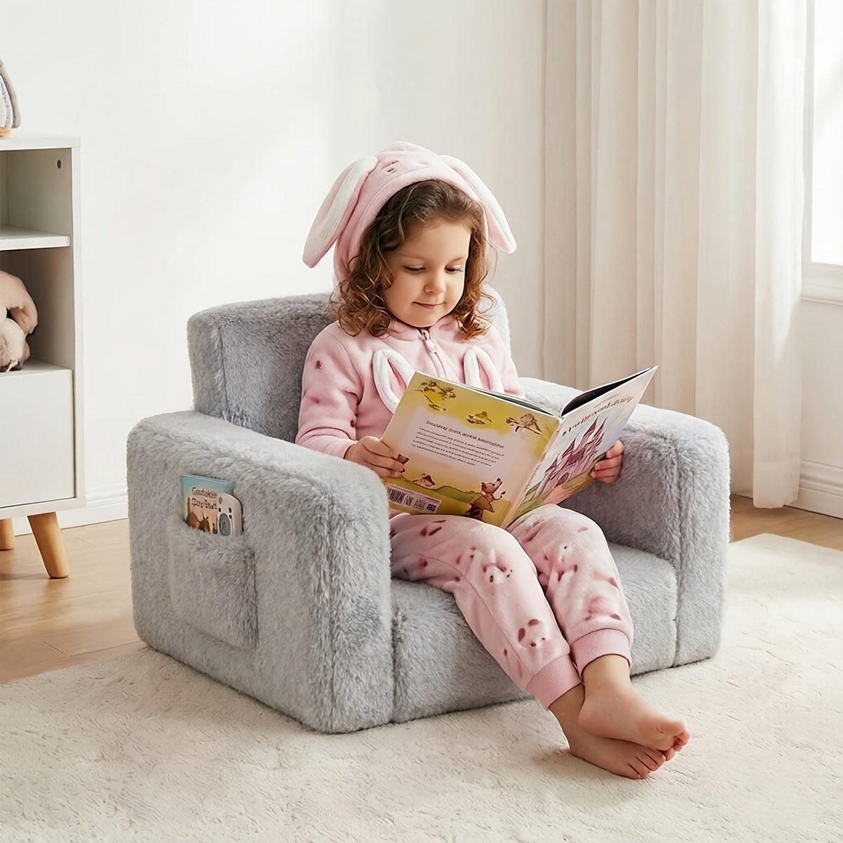 Kids Sofa 2-in-1 Convertible Recliner Chair Velvet Plush Storage Pocket Armrests Folding Lounge Chair for Boys Girls Playroom Bedroom Pink Grey White