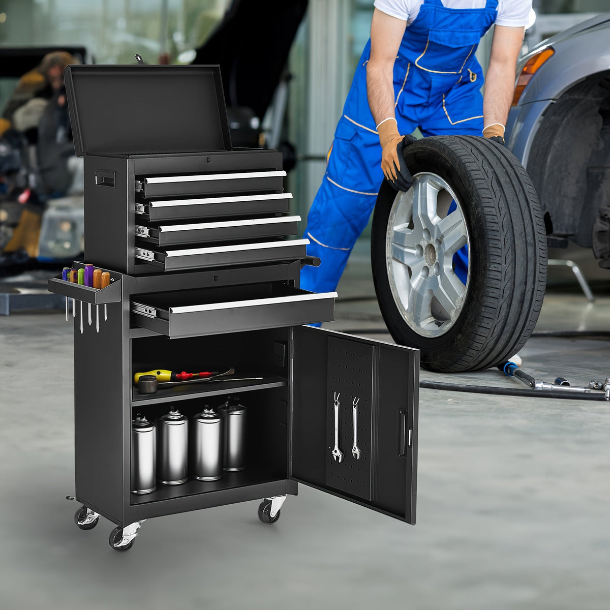 2-in-1 Tool Cabinet Combo Rolling Toolbox Chest for Garage & Home Use with Drawers – Red, Black or Blue