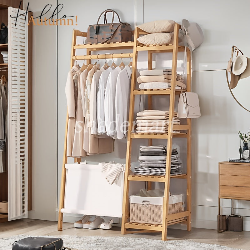 Bamboo Clothes Rack with Shelves Hat Hooks & Storage Bag – Adjustable Multi-Capacity Clothing Stand for Bedroom Closet in 32 / 51 / 75 Inch Brown & Natural