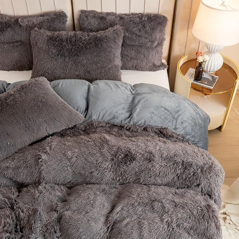 Plush Duvet Cover Set 3 Piece, Long Hair Knitted Polyester, Solid Color Fuzzy Comforter Cover with Zipper Closure, All-Season Soft Cozy Bedding Set for Bedroom, Multiple Colors Available