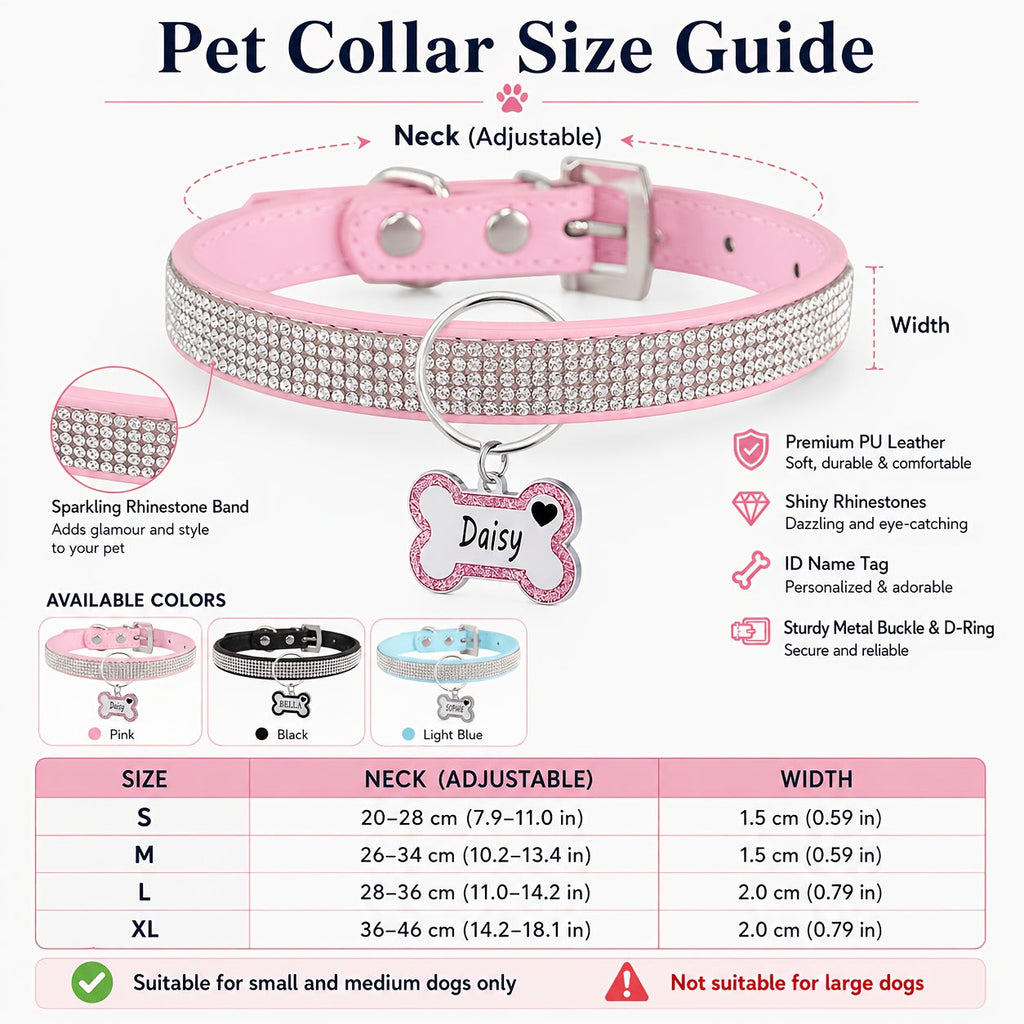 Personalized Pet Collar with Rhinestone Decoration & Free Engraved ID Tag – Adjustable Anti-Lost Cat & Dog Collar – Japanese Style Bling Collar for Small to Medium Dogs & Cats, Available in Multiple Colors & Sizes