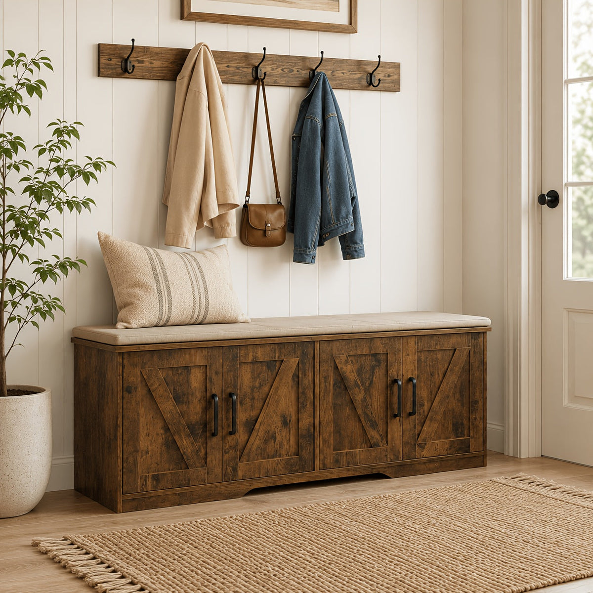 43-Inch Storage Ottoman Bench with 4 Barn Doors, Large Capacity Heavy-Duty Shoe Storage Bench, Long Entryway Bench with Storage for Living Room Foyer Bedroom, Modern Farmhouse Style