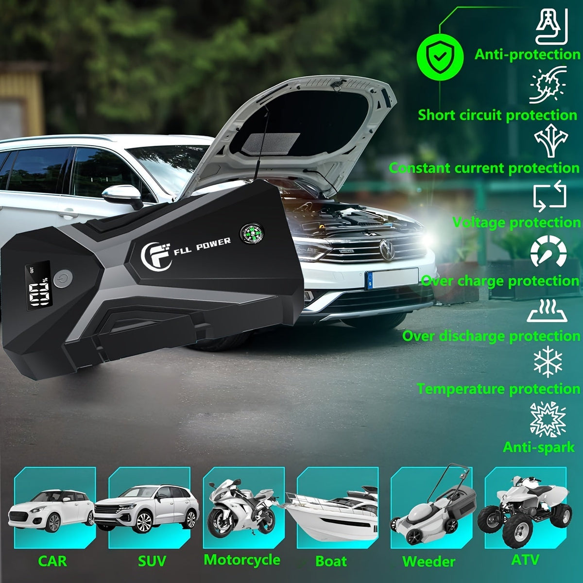 便携式汽车应急启动电源 1600A–3000A 12V 电池启动器 – 适用于汽油和柴油发动机的紧凑型应急启动电源，配备 USB 充电端口及 LED 手电筒