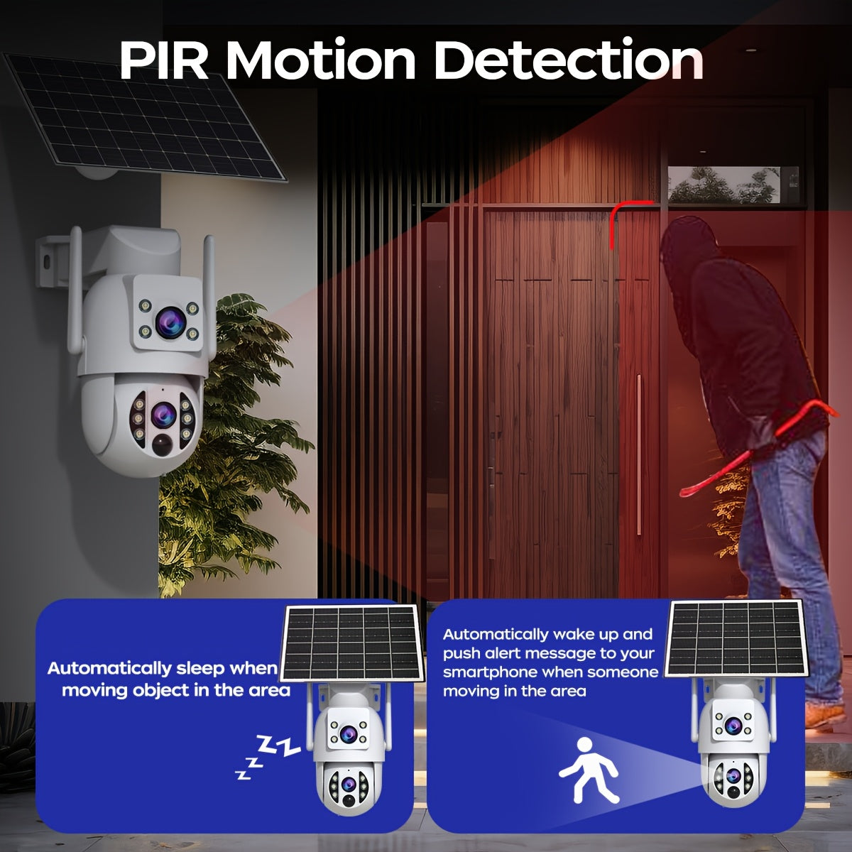 Solar Security Camera Outdoor 360° PTZ 1296P HD Dual Lens Color Night Vision Two-Way Audio Motion Detection WiFi SD Storage Rechargeable Battery Wall Mount