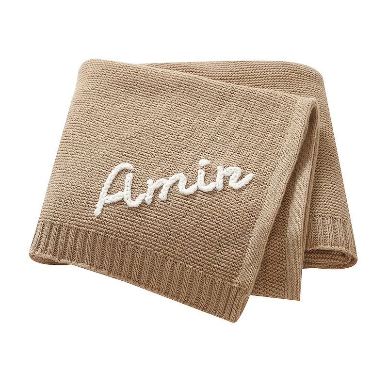 Personalized Hand-Embroidered Baby Name Knitted Blanket, Custom Name & Birthday Keepsake Blanket, 17 Color Options, Unique Baby Shower Birthday & Newborn Gift