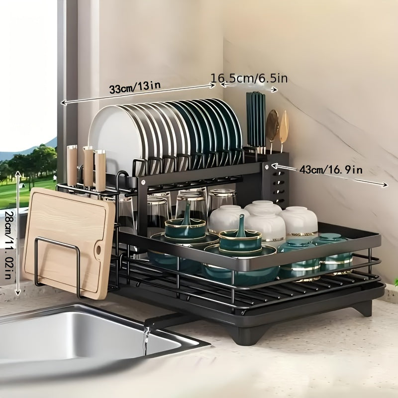 2-Tier Dish Drying Rack for Kitchen Counter with Drainboard, Drain Mat, Knife, Fork, and Cup Holder, Utensil Organizer, Dish Drainer, Kitchen Gadget Gift for Women, Mother's Day