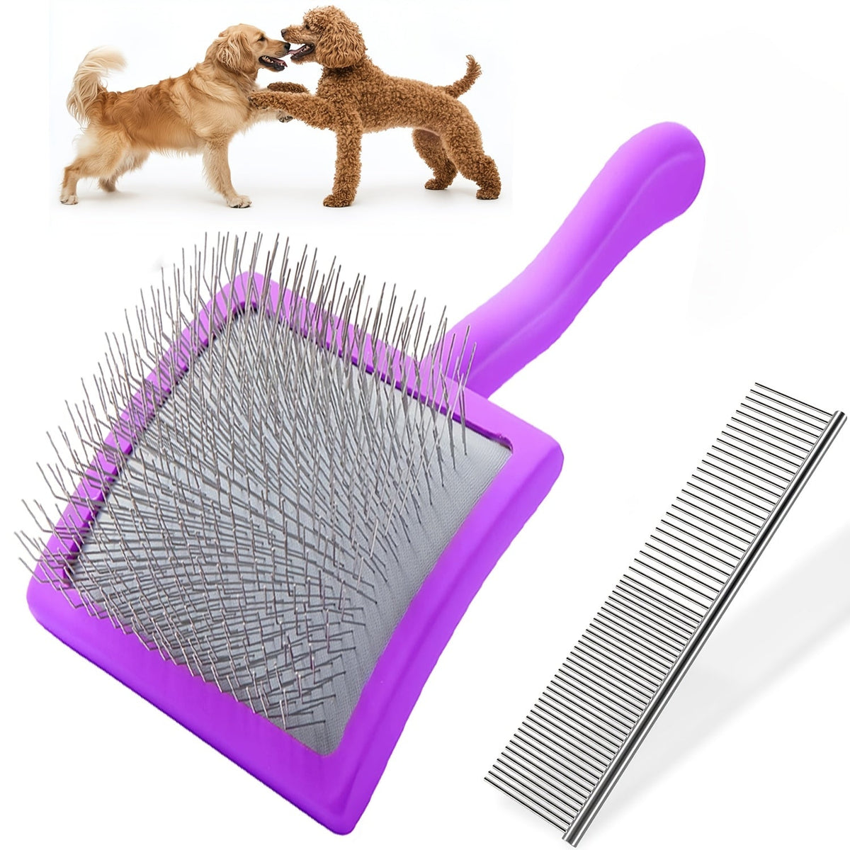Stainless Steel Dog Grooming Brush 2 Pack - Extra Long Pins Professional Pet Brush for Golden Retriever Poodle Labrador Long Hair Dogs - Detangling Dematting Comb for Knots Tangles & Fur Balls