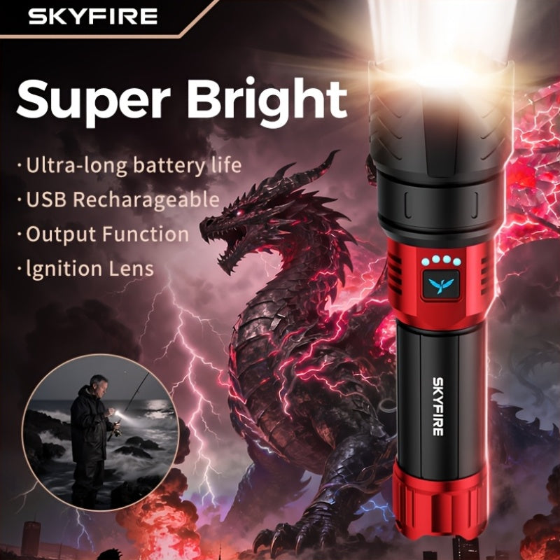 SKYFIRE 5000 Lumen Rechargeable LED Flashlight with Ignition Lens, Adjustable Focus & 4 Modes – Super Bright High-Lumen Tactical Flashlight for Camping, Outdoor, Farm & Emergency Family Use