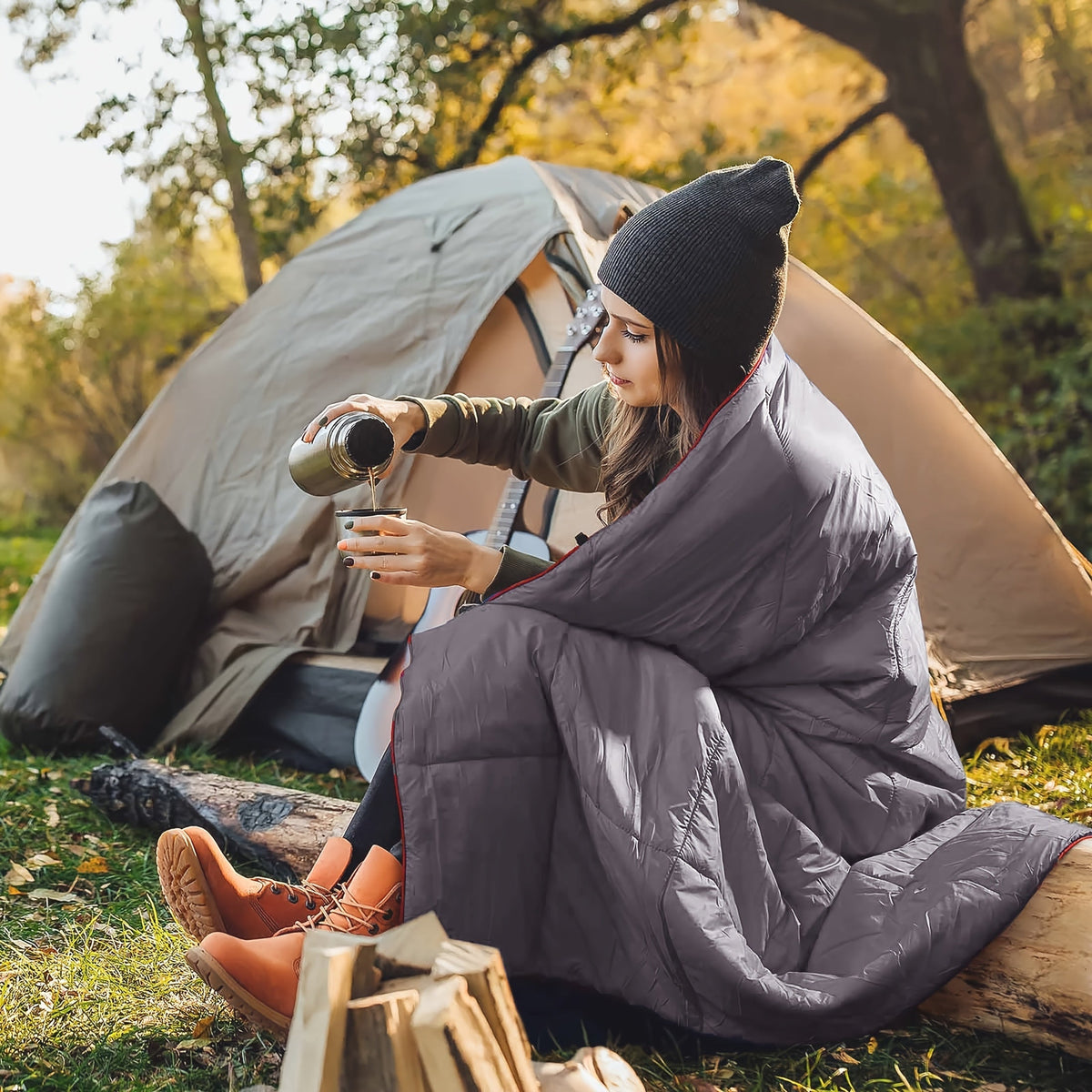 Outdoor Camping Puffy Blanket, Foldable, Lightweight, Warm, DWR Water-Resistant, with 3D Eye Mask, 140x200cm, for Camping, Travel, Car, Beach, Stadium, Hammock, Sofa, Festival