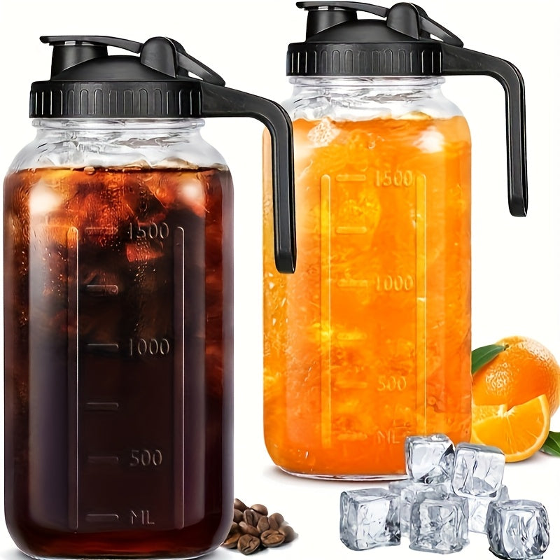 64oz Mason Jar with Handle & Lid – BPA-Free High Borosilicate Glass Beverage Carafe, Leak-Proof, 2/3 Pack, for Sports, Outdoor, Juice, Water, Kombucha, Holiday Gift